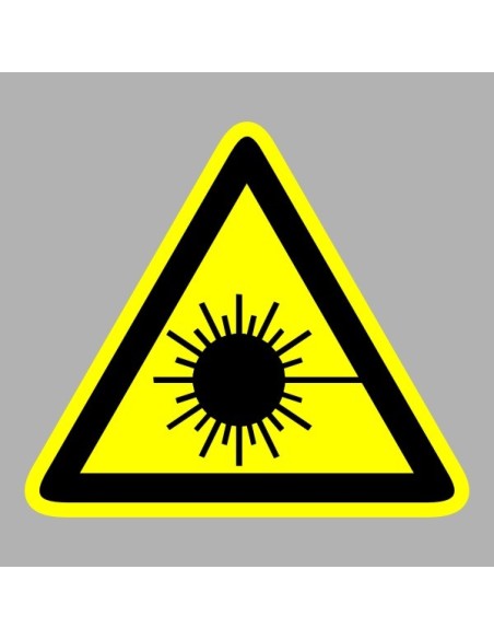 Lézersugár figyelmeztető piktogram sárga háromszögben fekete szimbólummal