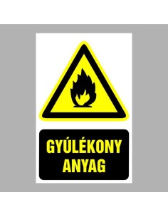 Gyúlékony anyag figyelmeztető piktogram sárga háromszög fekete láng szimbólummal és szöveggel 2