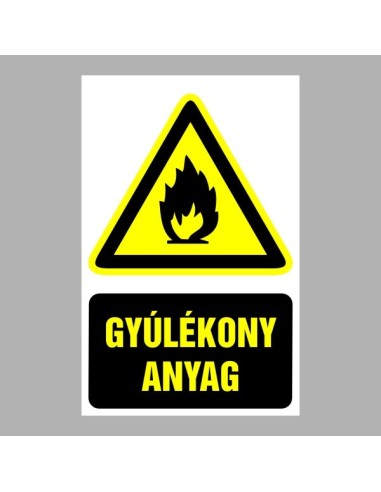 Gyúlékony anyag figyelmeztető piktogram sárga háromszög fekete láng szimbólummal és szöveggel