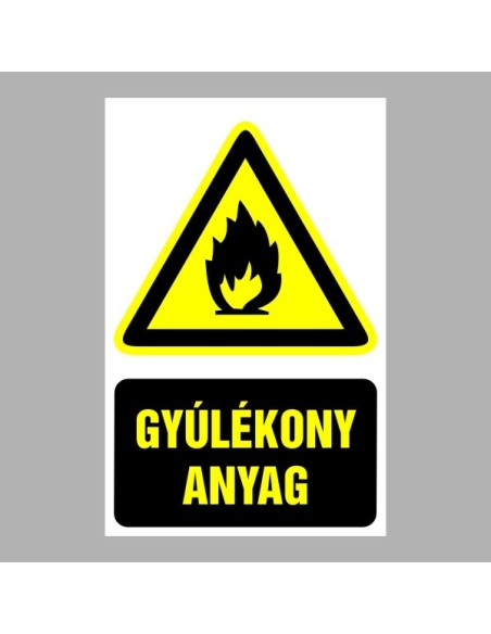 Gyúlékony anyag figyelmeztető piktogram sárga háromszög fekete láng szimbólummal és szöveggel