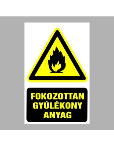 Fokozottan gyúlékony anyag figyelmeztető piktogram sárga háromszög fekete láng szimbólummal és szöveggel