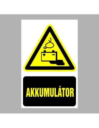 Akkumulátor figyelmeztető piktogram sárga háromszög fekete szimbólummal és szöveggel