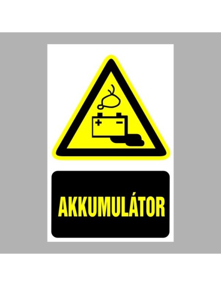 Akkumulátor figyelmeztető piktogram sárga háromszög fekete szimbólummal és szöveggel