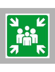 Gyülekezőhely jelölő tábla zöld alapon fehér emberekkel és nyilakkal 2