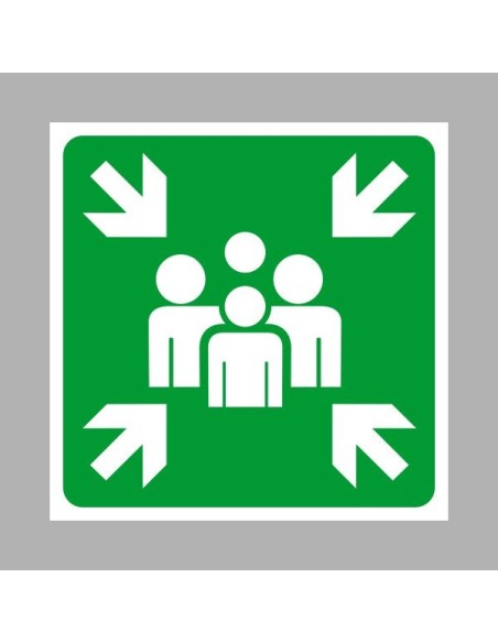 Gyülekezőhely jelölő tábla zöld alapon fehér emberekkel és nyilakkal