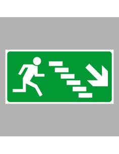Menekülési út jelzés jobbra lépcsőn lefelé, zöld háttérrel, fehér futó ember szimbólummal és lépcsővel 2