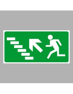 Menekülési út jel balra lépcsőn felfelé, zöld háttérrel, fehér piktogrammal 2