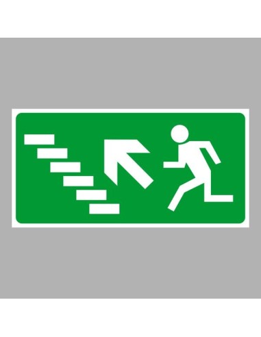 Menekülési út jel balra lépcsőn felfelé, zöld háttérrel, fehér piktogrammal