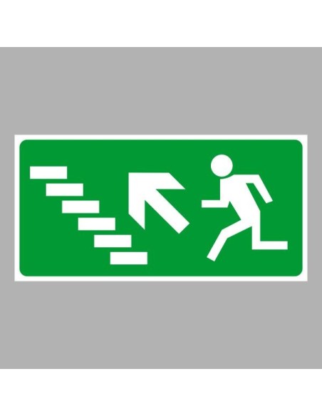 Menekülési út jel balra lépcsőn felfelé, zöld háttérrel, fehér piktogrammal