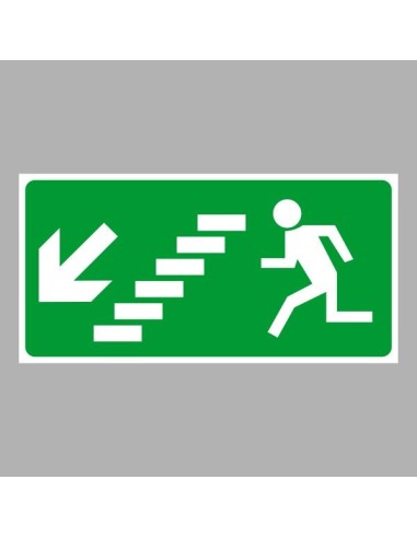 Menekülési út jel balra lépcsőn lefelé zöld háttéren fehér szimbólummal