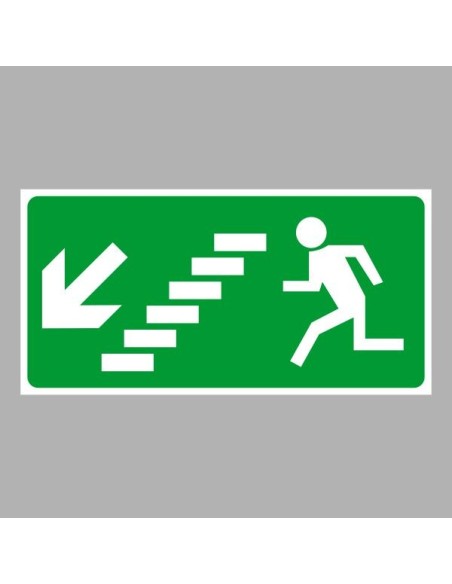 Menekülési út jel balra lépcsőn lefelé zöld háttéren fehér szimbólummal