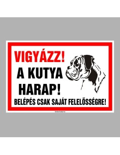 Vigyázz! A kutya harap! figyelmeztető tábla piros kerettel és kutya grafikával 2