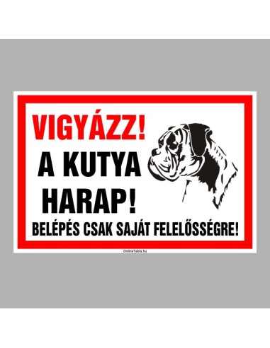 Vigyázz! A kutya harap! figyelmeztető tábla piros kerettel és kutya grafikával