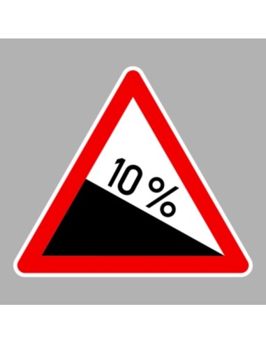 Veszélyes lejtő közúti jelzőtábla 10 százalékos meredekséggel