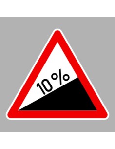 Veszélyes emelkedő közlekedési tábla piros háromszög alakban, 10% emelkedő jelzéssel