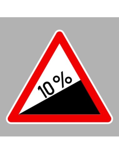 Veszélyes emelkedő közlekedési tábla piros háromszög alakban, 10% emelkedő jelzéssel