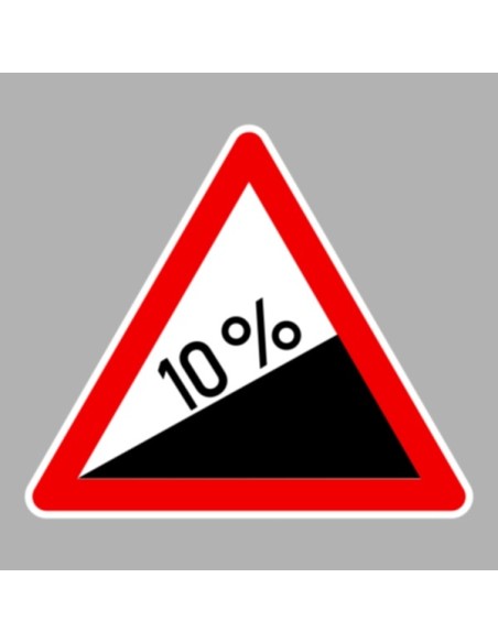 Veszélyes emelkedő közlekedési tábla piros háromszög alakban, 10% emelkedő jelzéssel