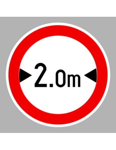 Szélességkorlátozás közúti jelzőtábla piros körrel és 2.0 m jelzéssel