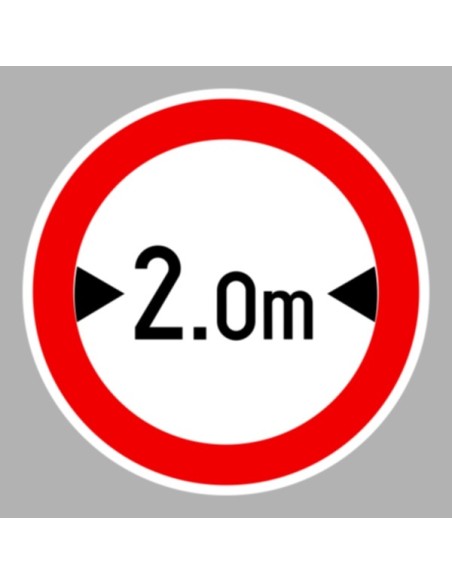 Szélességkorlátozás közúti jelzőtábla piros körrel és 2.0 m jelzéssel