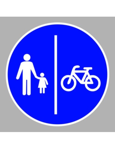 Osztott gyalog- és kerékpárút jelzőtábla, gyalogos bal oldalon