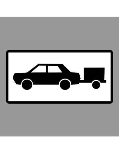 Utánfutós személygépkocsik részére kiegészítő jelzőtábla fekete sziluett autóval és utánfutóval