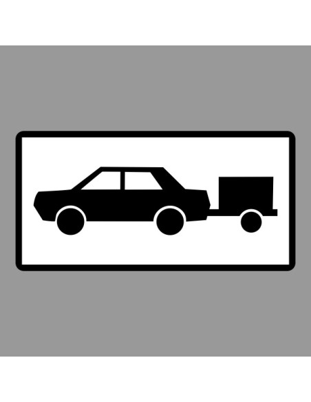 Utánfutós személygépkocsik részére kiegészítő jelzőtábla fekete sziluett autóval és utánfutóval