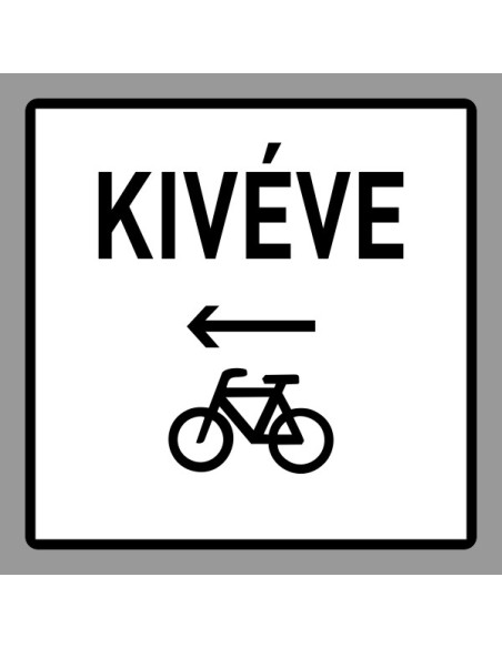 Keresztirányban kerékpáros jobbról kiegészítő jelzőtábla fehér alapon fekete szöveg és kerékpár ikon