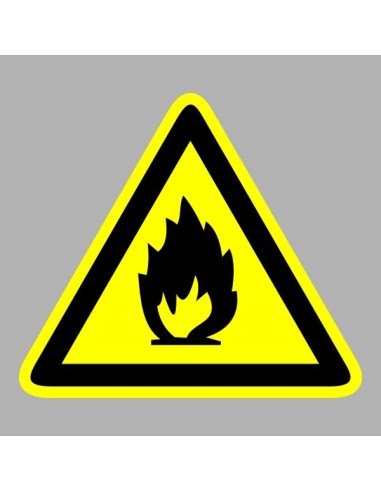 Gyúlékony anyag figyelmeztető piktogram sárga háromszög fekete láng szimbólummal