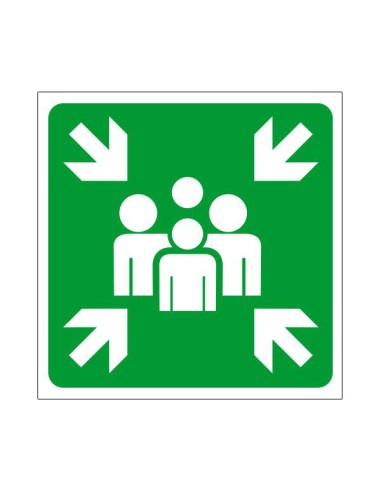 Gyülekezőhely jelölő tábla zöld alapon fehér emberekkel és nyilakkal