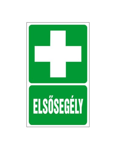 Elsősegély jel zöld alapon fehér kereszt és felirat