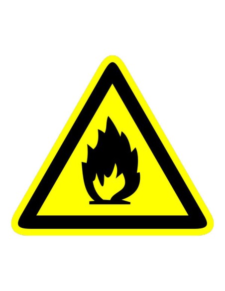 Gyúlékony anyag figyelmeztető piktogram sárga háromszög fekete láng szimbólummal