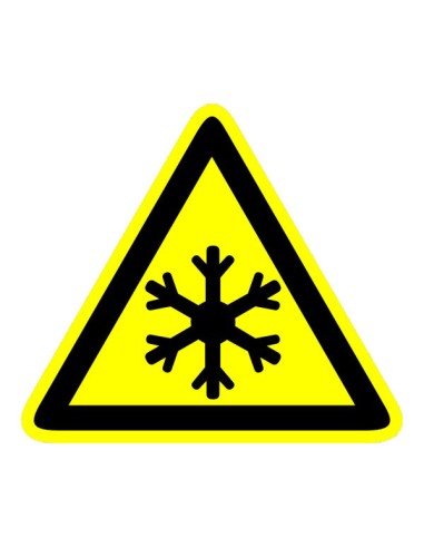 Alacsony hőmérséklet figyelmeztető piktogram sárga háromszög fekete hópihe szimbólummal