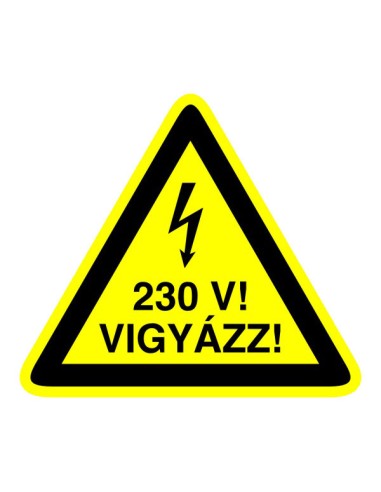 Vigyázz 230V sárga háromszög alakú figyelmeztető piktogram öntapadós vinilből