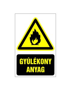 Gyúlékony anyag figyelmeztető piktogram sárga háromszög fekete láng szimbólummal és szöveggel