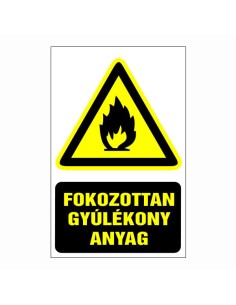 Fokozottan gyúlékony anyag figyelmeztető piktogram sárga háromszög fekete láng szimbólummal és szöveggel