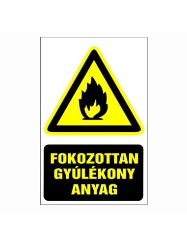 Fokozottan gyúlékony anyag figyelmeztető piktogram sárga háromszög fekete láng szimbólummal és szöveggel