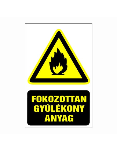 Fokozottan gyúlékony anyag figyelmeztető piktogram sárga háromszög fekete láng szimbólummal és szöveggel
