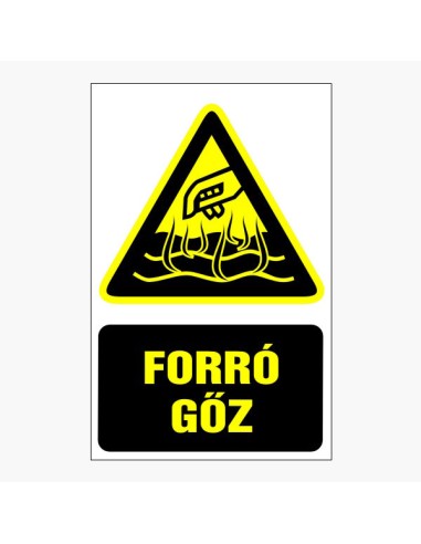 Forró gőz figyelmeztető piktogram sárga háromszög fekete szimbólummal és szöveggel