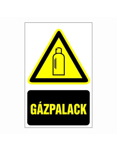 Gázpalack figyelmeztető piktogram sárga háromszög fekete szegéllyel és szöveggel