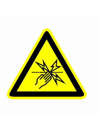 Vigyázz! Villanypásztor figyelmeztető tábla sárga háromszög alakban fekete szimbólummal