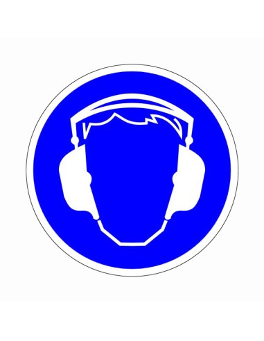 Hallásvédő használata kötelező kék kör alakú piktogram fehér fülvédő szimbólummal