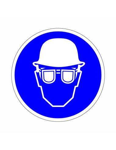 Kék kör alakú piktogram védősisakot és védőszemüveget viselő fejjel