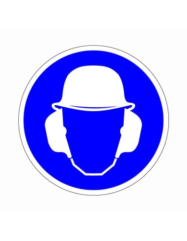 Kék kör alakú piktogram védősisakot és hallásvédőt viselő fej szimbólummal