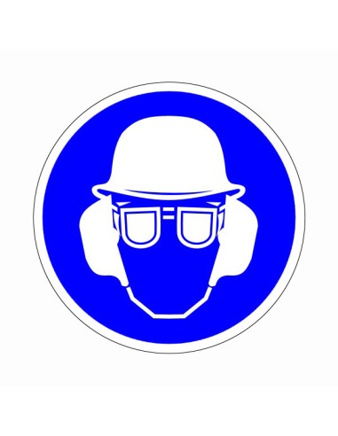 Kék kör alakú piktogram védősisak, hallásvédő és védőszemüveg szimbólummal