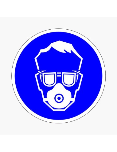 Kék kör alakú piktogram vedőszemüveg és porvédő maszk viselésére