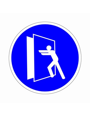Az ajtó zárva tartandó piktogram kék körben fehér emberi alak ajtót tart