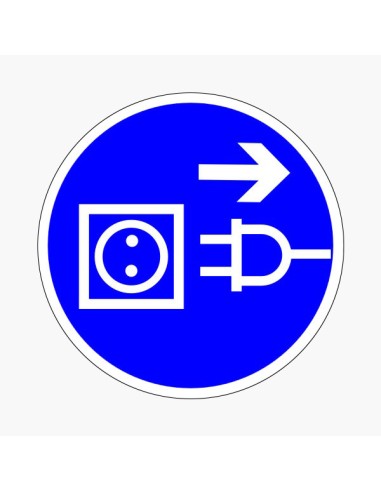 Áramtalanítási kötelezettséget jelző kék kör alakú piktogram fehér szimbólumokkal