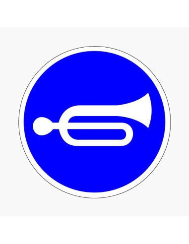 Jeladó piktogram kék körben fehér trombita szimbólummal öntapadós vinilből