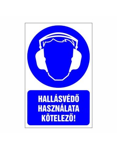 Hallásvédő használata kötelező kék piktogram szöveggel