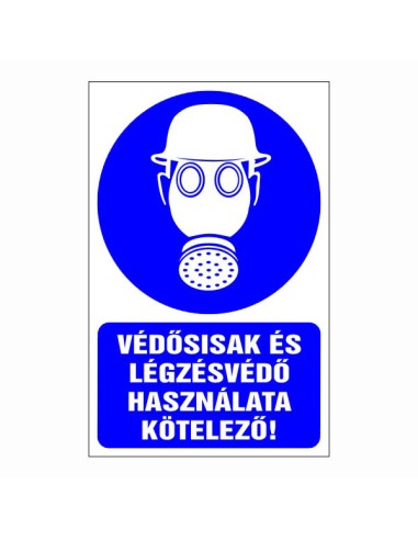 Védősisak és légzésvédő használata kötelező piktogram kék alapon fehér szimbólummal és szöveggel